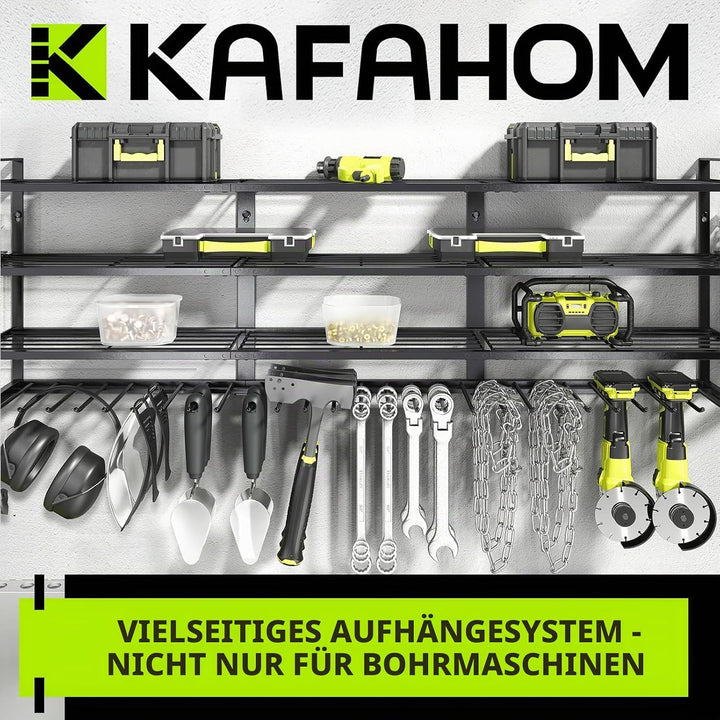 KAFAHOM Grosse Werkzeug-Wandhalterung mit 13 Bohrerschächten für die Garage – 4-etagiges Organizer-R