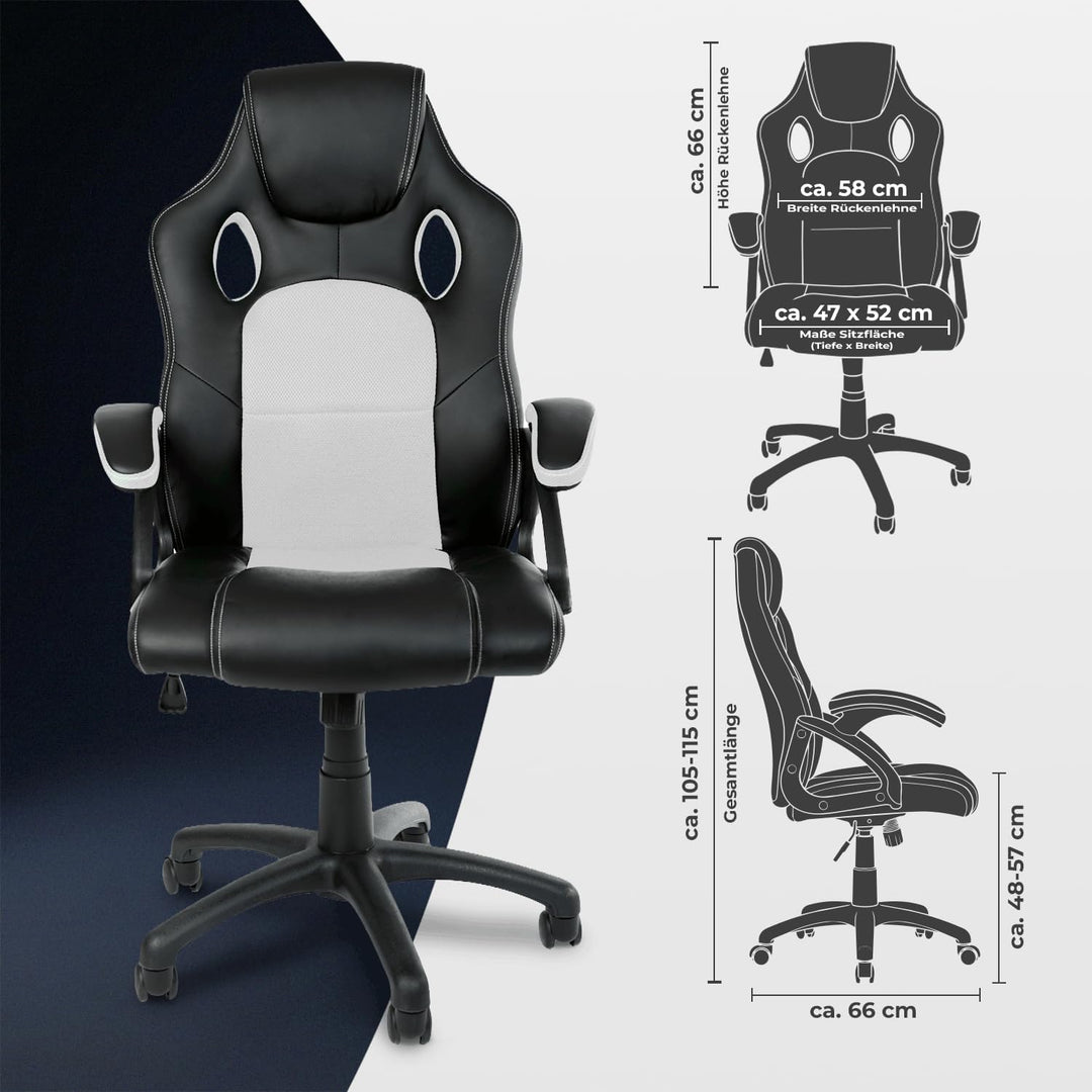 Panorama24 Gamer Stuhl Gaming Schreibtischstuhl Chefsessel Bürostuhl Ergonomisch, Weiss, 9 Farbvaria