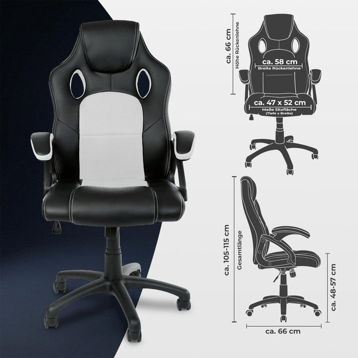 Panorama24 Gamer Stuhl Gaming Schreibtischstuhl Chefsessel Bürostuhl Ergonomisch, Weiss, 9 Farbvaria