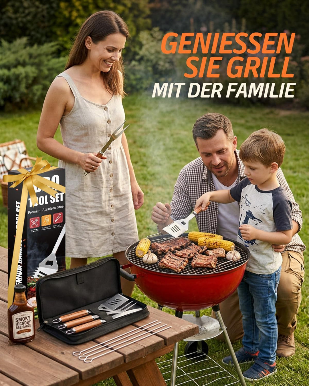Grillbesteck Set, 17-teilig Edelstahl Grill Zubehör mit Tragetasche, Umfassendes Grillbesteck für da