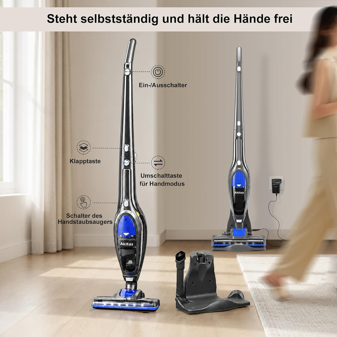 Akitas U10 2in1 Akku Staubsauger Beutellos, bis zu 30Min Laufzeit, Freistehend, 180° Drehgelenk，LED-