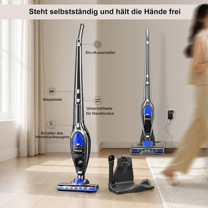 Akitas U10 2in1 Akku Staubsauger Beutellos, bis zu 30Min Laufzeit, Freistehend, 180° Drehgelenk，LED-