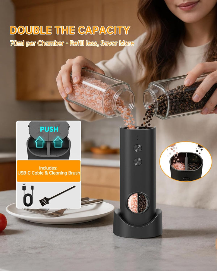 CIRCLE JOY Wiederaufladbares Salz und Pfeffermühle Elektrisch, 2-in-1 Doppelbehälter, Sockel, Weisse