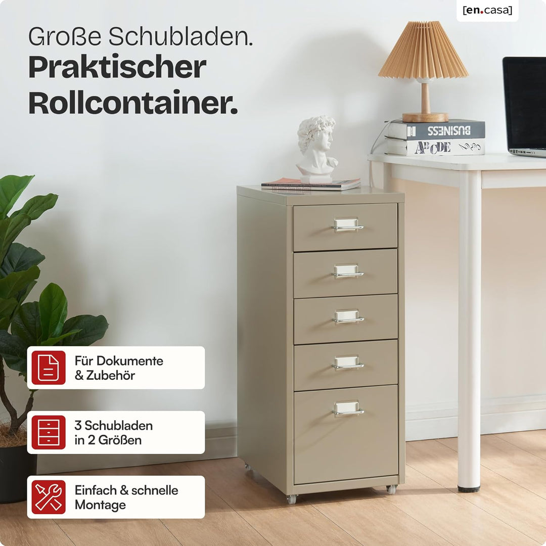 [en.casa] Rollcontainer Kökar Schubladenschrank Metall Aktenschrank mit 5 Schubladen Bürowagen mit R