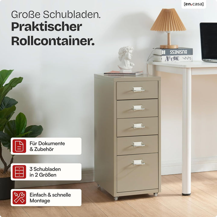 [en.casa] Rollcontainer Kökar Schubladenschrank Metall Aktenschrank mit 5 Schubladen Bürowagen mit R