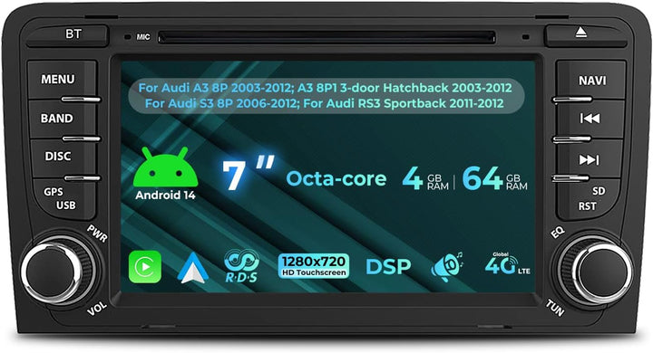 NVGOTEV Android 13 Autoradio für Audi A3 S3 RS3 2003-2012, 7 Zoll Radio mit GPS Navi DAB+ FM RDS 4G