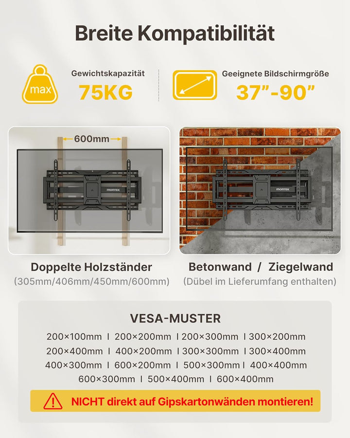 monTEK TV Wandhalterung für die meisten 37–90 Zoll Fernseher bis 75 kg, Wandhalterung Fernseher mit