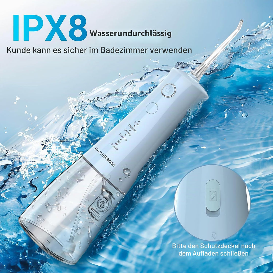 BarberBoss Munddusche Kabellos, elektrische Zahnseide mit 5 Druckmodi, IPX8 wasserdicht, tragbare Mu