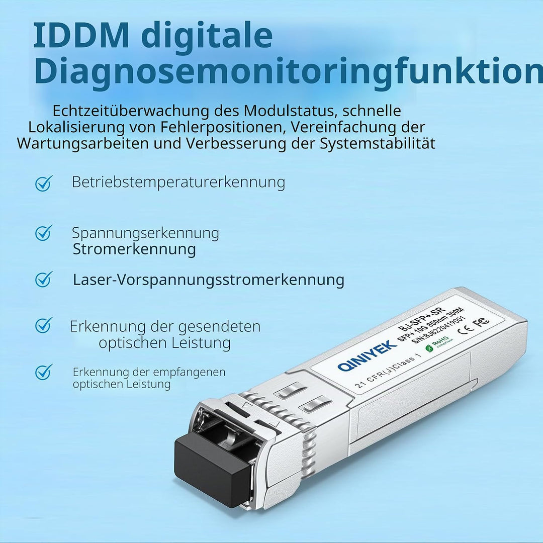 QINIYEK 10GBase-SR SFP+ Transceiver, 10G Multimode SFP+ LC-Modul, 850 nm MMF, bis zu 300 m, kompatib