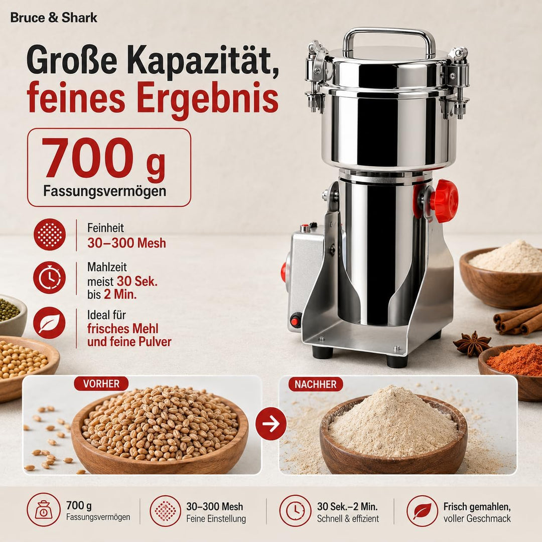 700g Hochgeschwindigkeits Elektrische Getreidemühle für kommerziellen Einsatz, 1800W, Edelstahlkonst