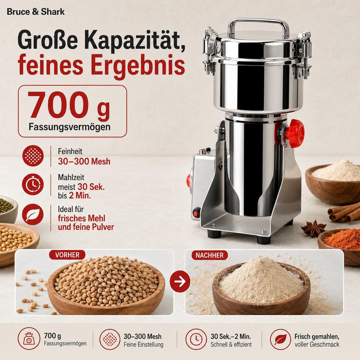 700g Hochgeschwindigkeits Elektrische Getreidemühle für kommerziellen Einsatz, 1800W, Edelstahlkonst