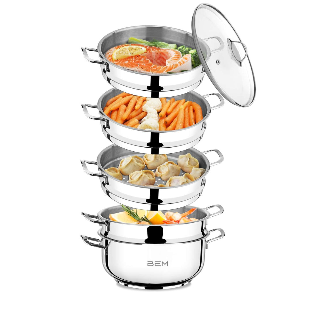 BEM Dampfkocher: 6-tlg Set aus Edelstahl 18/10, Ø 30 cm, Russische Mantowarka mit Dampfeinsatz und G