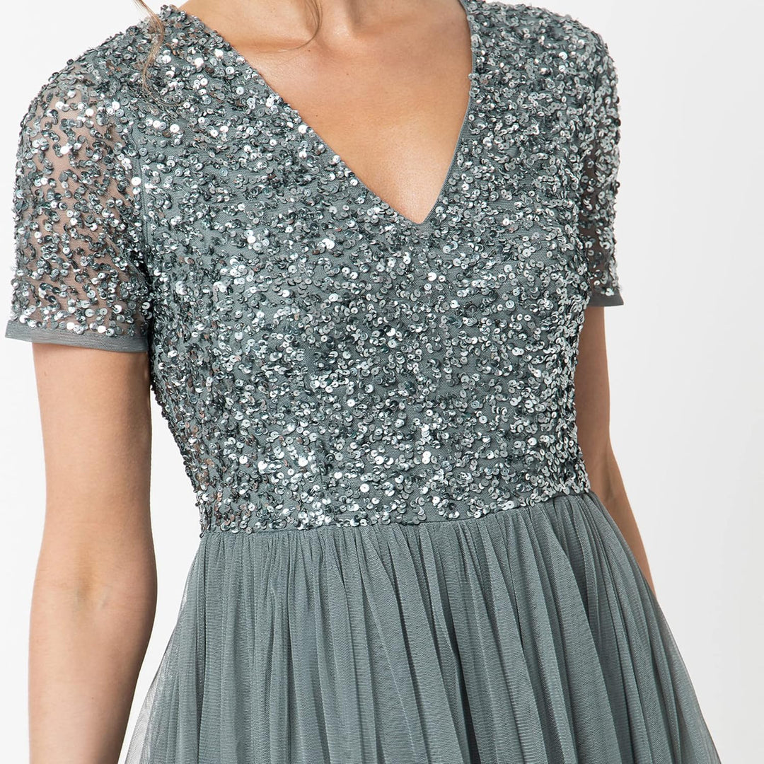 Maya Deluxe Damen Midi-Kleid mit V-Ausschnitt, Verziert Brautjungfernkleid Grün (Misty Green) 34, Gr