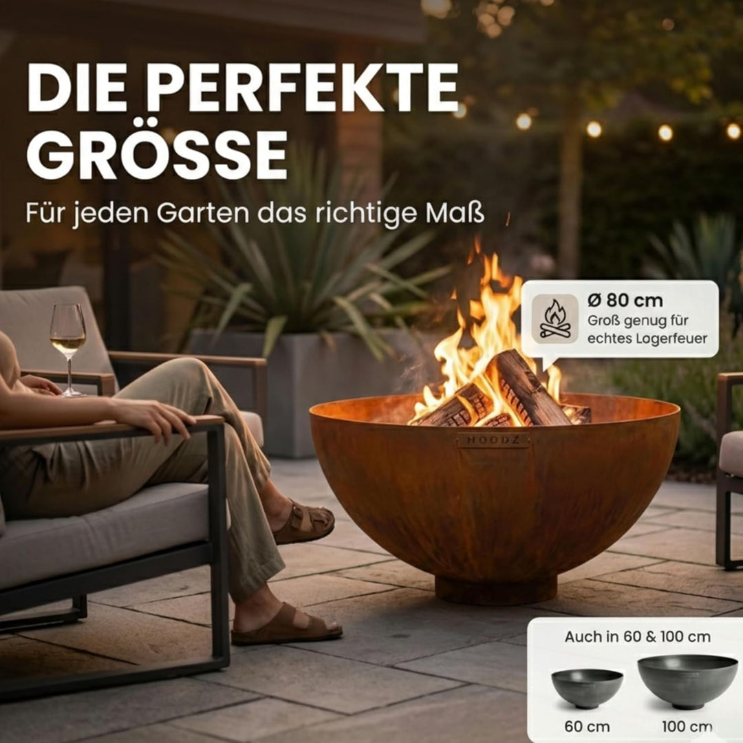 MOODZ Feuerstelle Dome – Hochwertige Feuerschale 80 cm aus 3mm Cortenstahl – Robuste Gartenfeuerstel