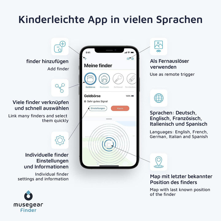 musegear Schlüsselfinder mit Bluetooth App aus Deutschland in Cognac brauner Leder-Tasche I Finder h