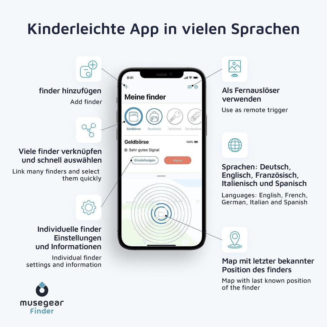 musegear Schlüsselfinder mit Bluetooth App aus Deutschland I Maximaler Datenschutz I dunkelblau 2er