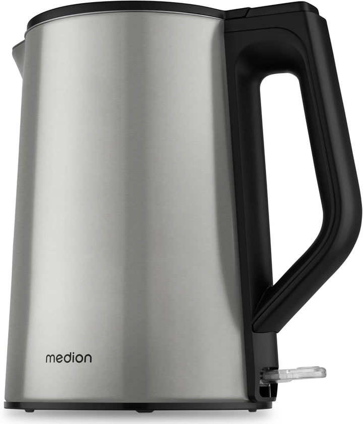 MEDION Wasserkocher Edelstahl (1,5 Liter, 2.200 Watt, 360° Basis, Warmhaltefunktion, LED Betriebsanz