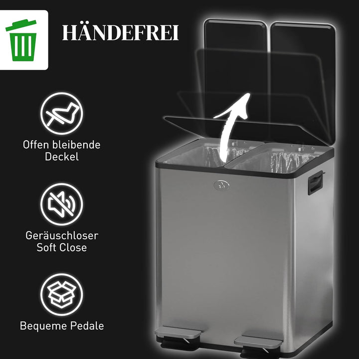 HOMCOM Mülleimer 2 x 20L Abfalleimer aus Edelstahl Mülltrennsystem mit Softclose Deckel, Herausnehmb