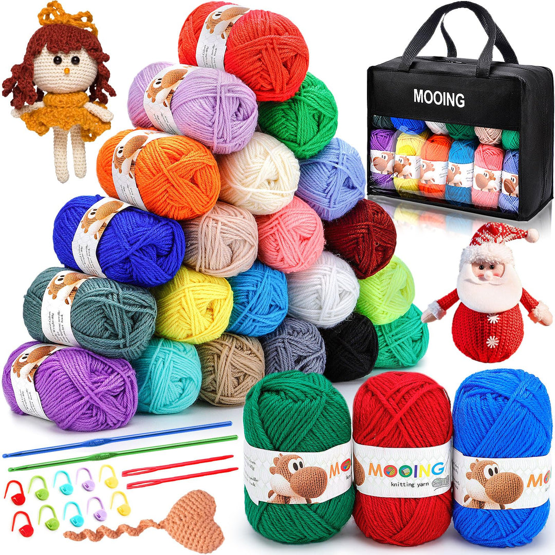 MZJAUVF Acrylwolle Set, 24 Farben Wolle Set, Baumwolle Wolles mit 2 Häkelnadeln, 40g Baumwollgarn, W