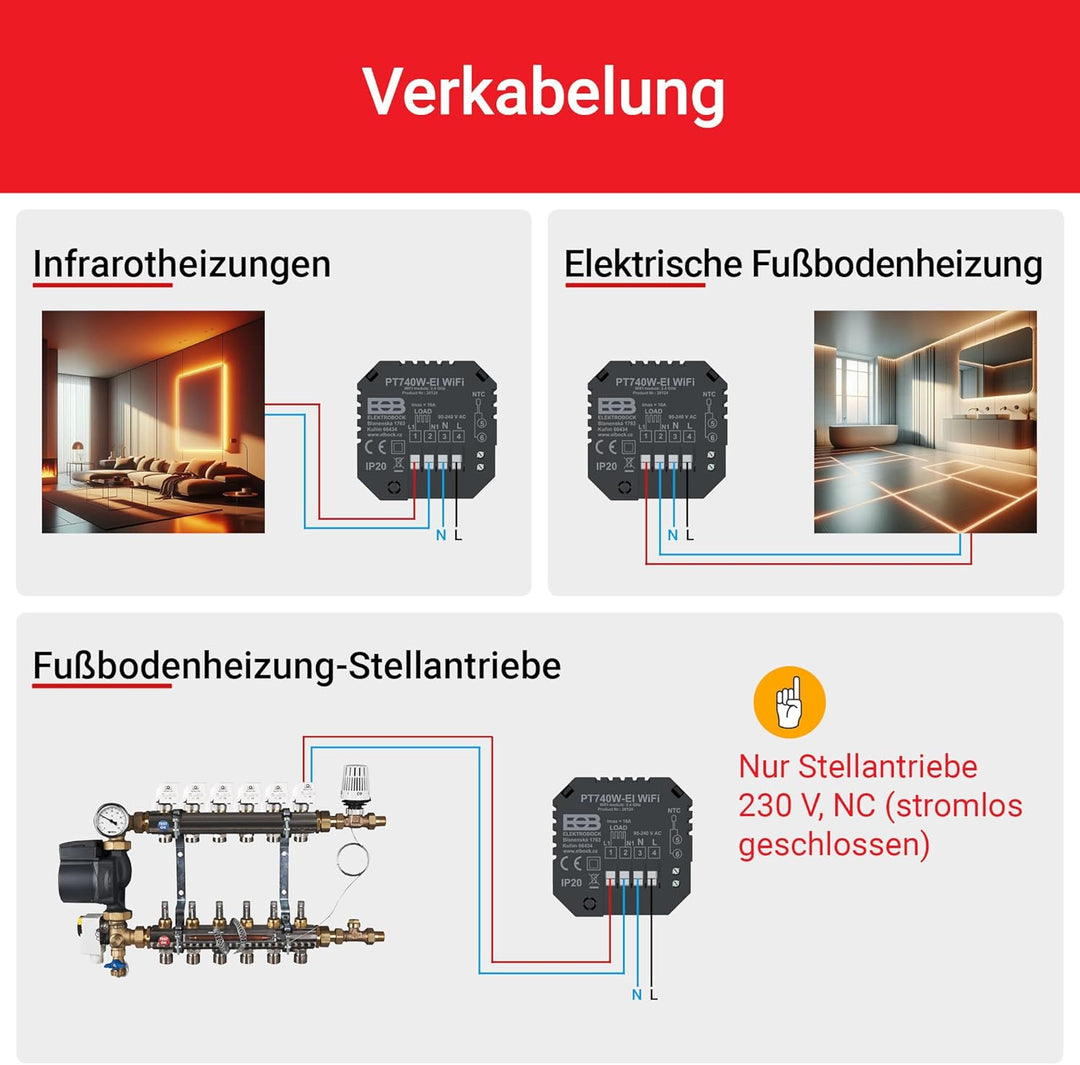Elektrobock PT740B-EI Raumthermostat mit WiFi | Smartes Thermostat für Fussbodenheizung & Elektrohei