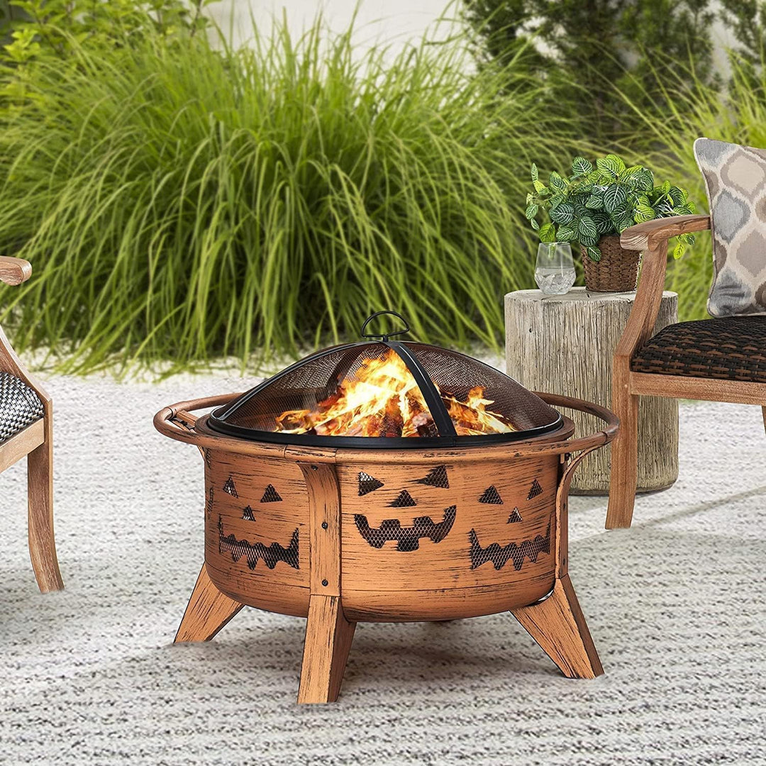 SUNJOY 76 cm Feuerstelle Outdoor Holzfeuerstelle Terrasse Jack-o-Lantern Motiv Runde Stahl Grosse Fe