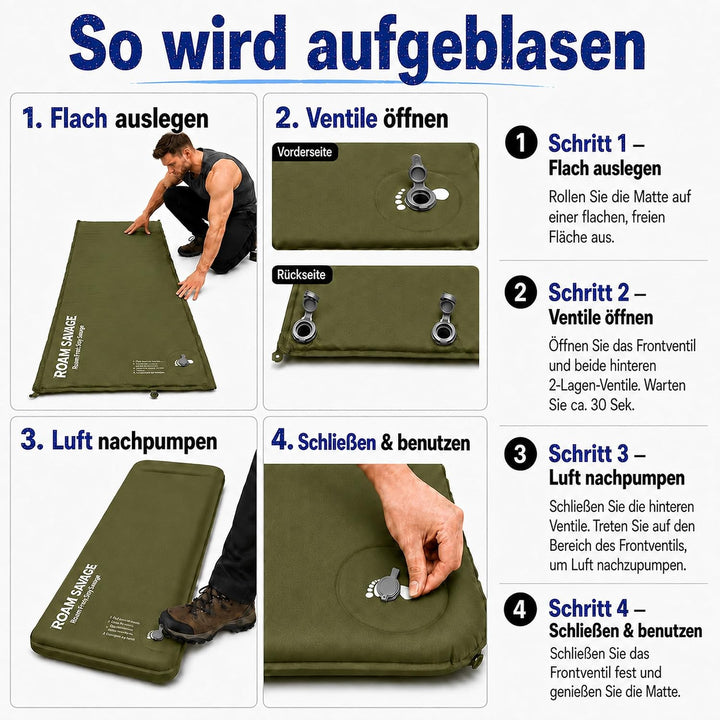 ROAM SAVAGE Selbstaufblasende Campingmatte mit integriertem Kopfkissen