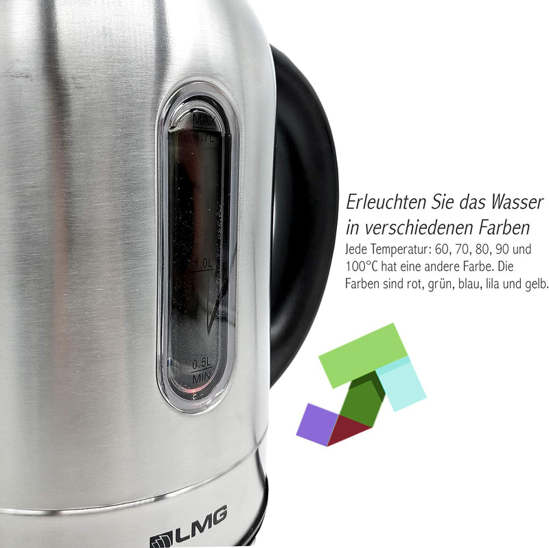 Wasserkocher Edelstahl LED mit Temperatureinstellung Premium - 2200W -Mit Farbspiel und Warmhaltefun