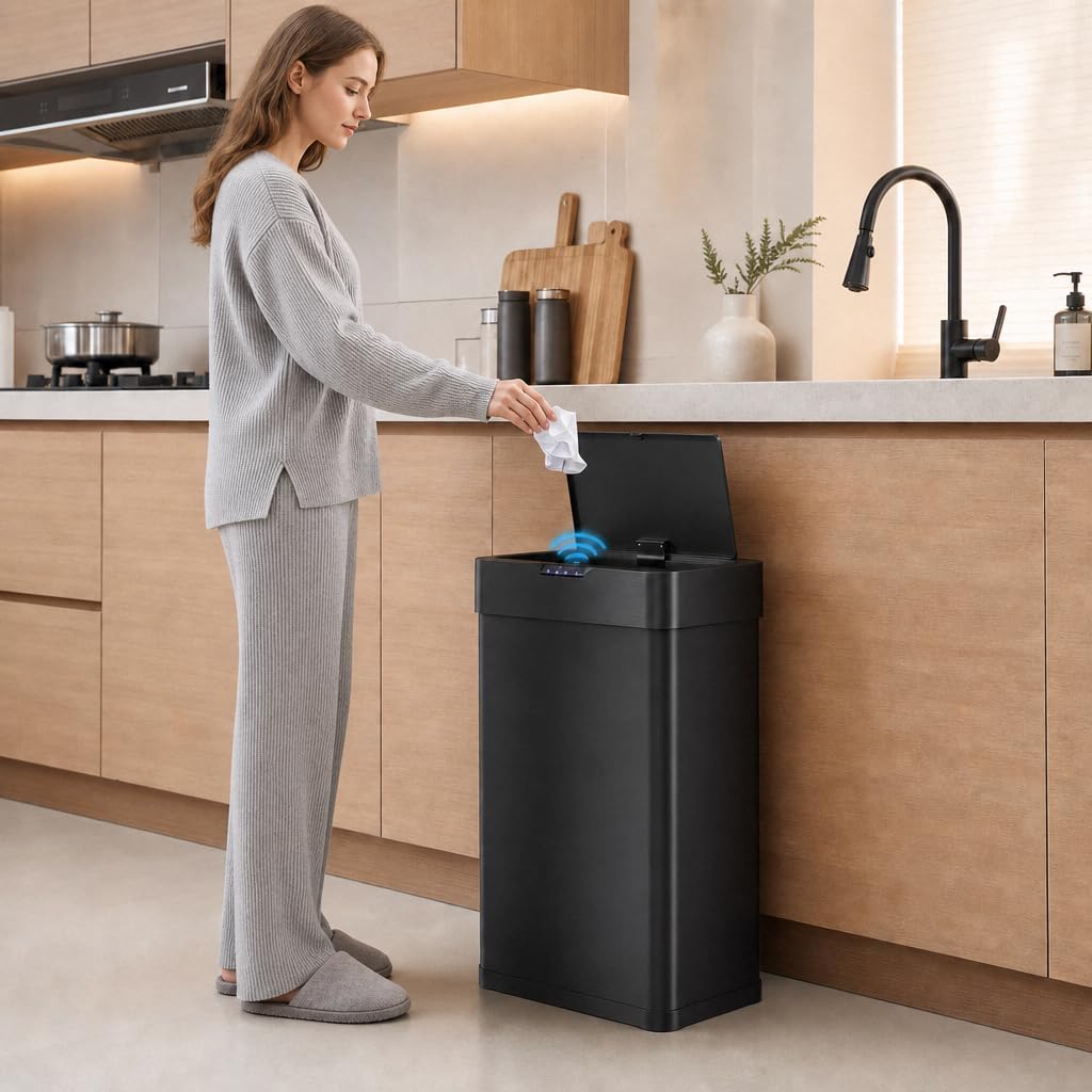 LIFERUN Mülleimer mit Sensor, Mülleimer Küche 60 Liter, Elektrisch Deckel mit Klemmring für Müllbeut