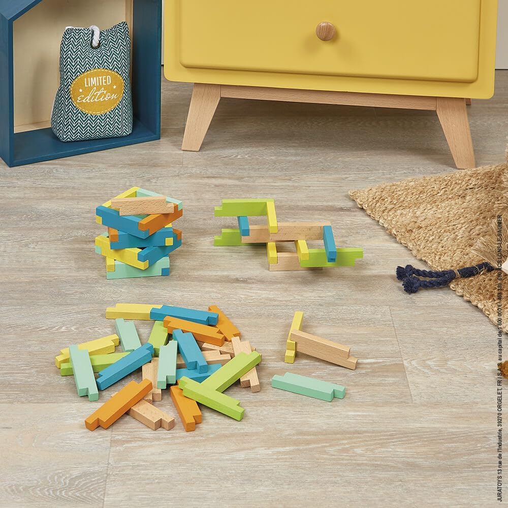 Janod - Fass mit 60 Bauklötzen aus Holz - Konstruktionsspiel - Entwicklung von Feinmotorik und Konze