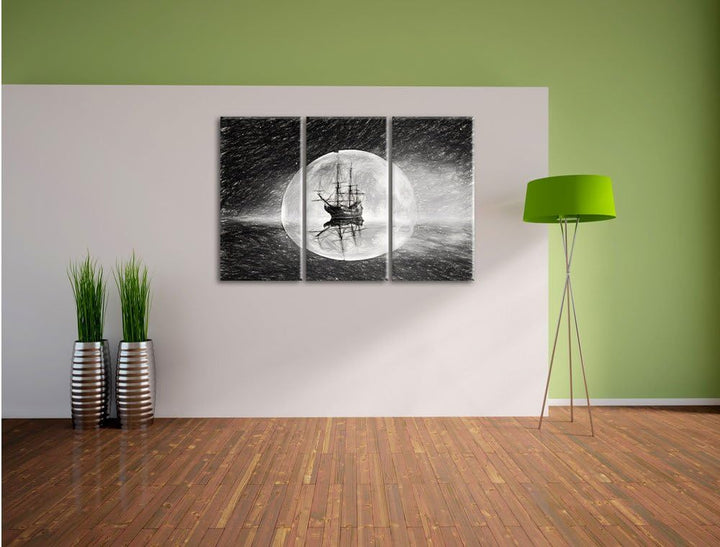 Pixxprint Geisterschiff im Weltall Kunst / 3-Teilig/Gesamtmass 120cm Leinwandbild bespannt auf Holzr