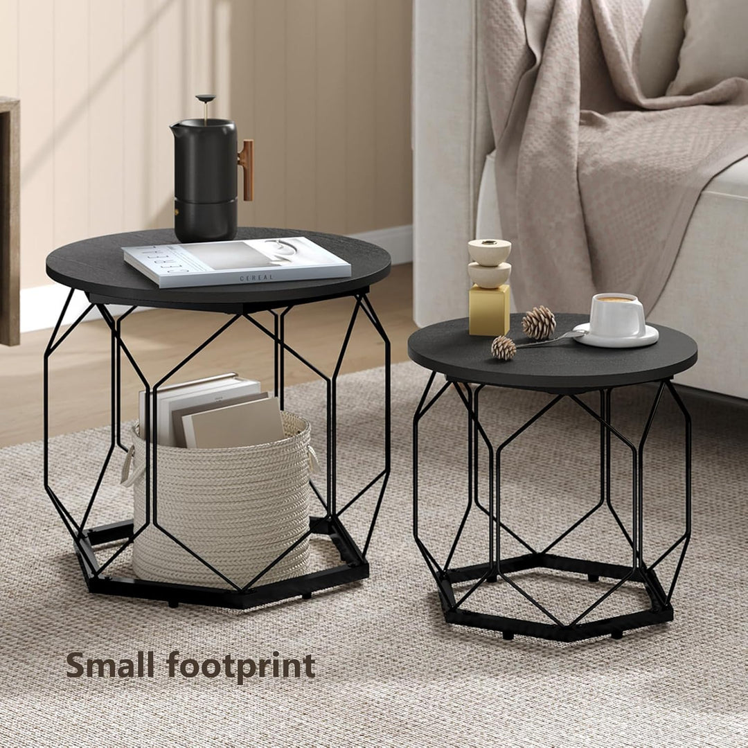 WOLTU 2er Set Couchtisch, Beistelltisch mit runder Tischplatte, Sofatisch mit hohlem Metallrahmen, W