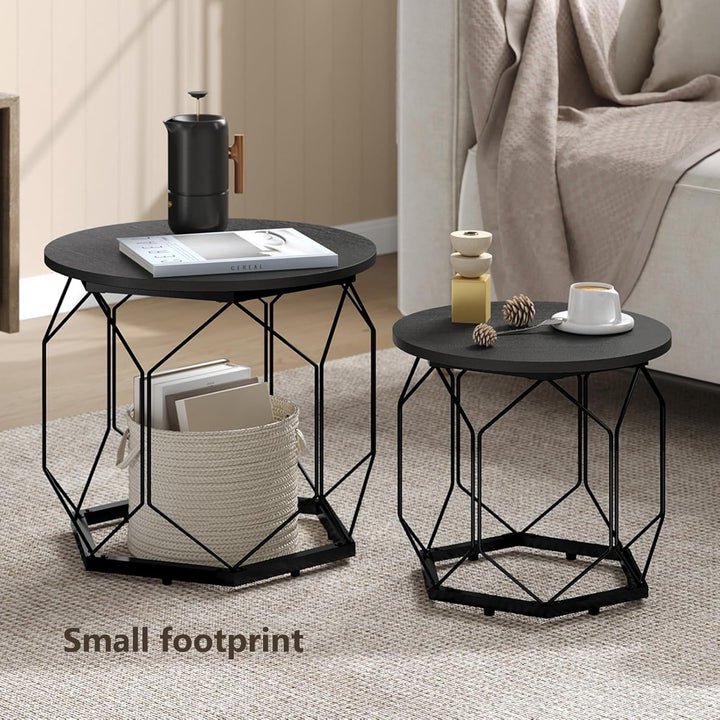 WOLTU 2er Set Couchtisch, Beistelltisch mit runder Tischplatte, Sofatisch mit hohlem Metallrahmen, W