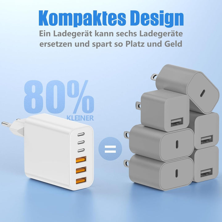 6-Ports USB C Ladegerät für iPhone 17/17E/16/15/14/13/12,65W Mehrfach Ladegerät mit USB-C und USB-A,