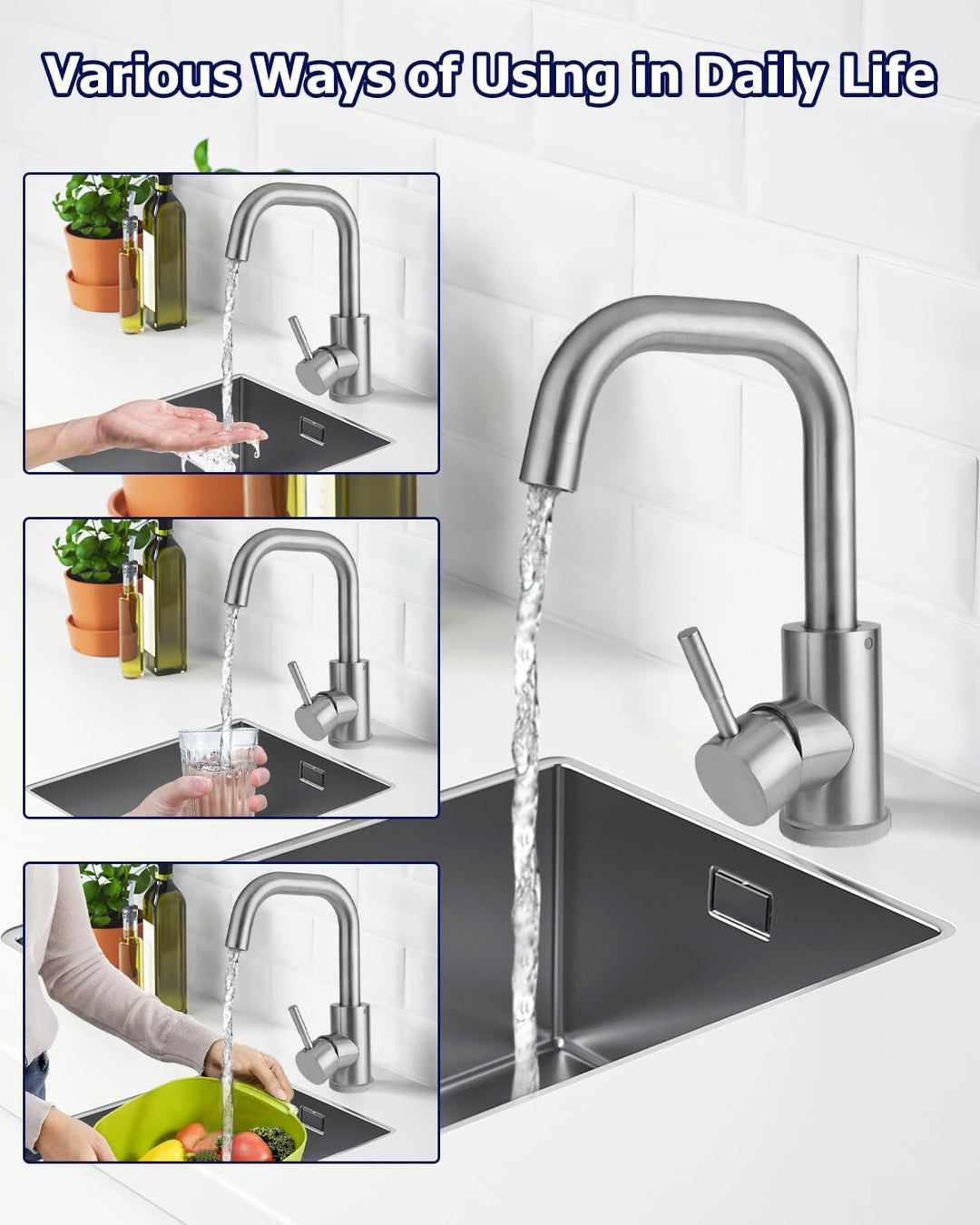 Wasserhahn Bad 360° Drehbar,Edelstahl Wasserhahn Badezimmer mit Warm/Kaltwasser Mischbatterie,Einheb
