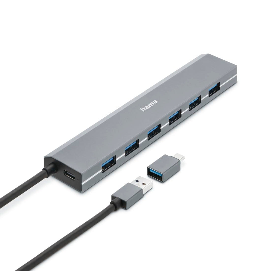 Hama USB-Hub 7 Ports (USB-A und USB-C-Anschluss, mit Netzteil, 7x USB-A für Maus, Tastatur, externe