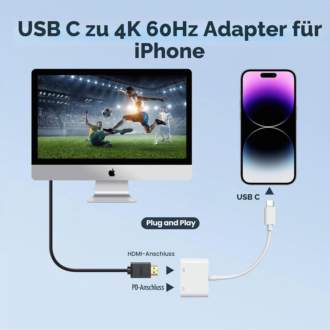 USB C to 4K 60Hz HD.MI Adapter für iPhone 15 zu HDTV, 2 in 1 Typ C Digital AV adapt Sync Bildschirm