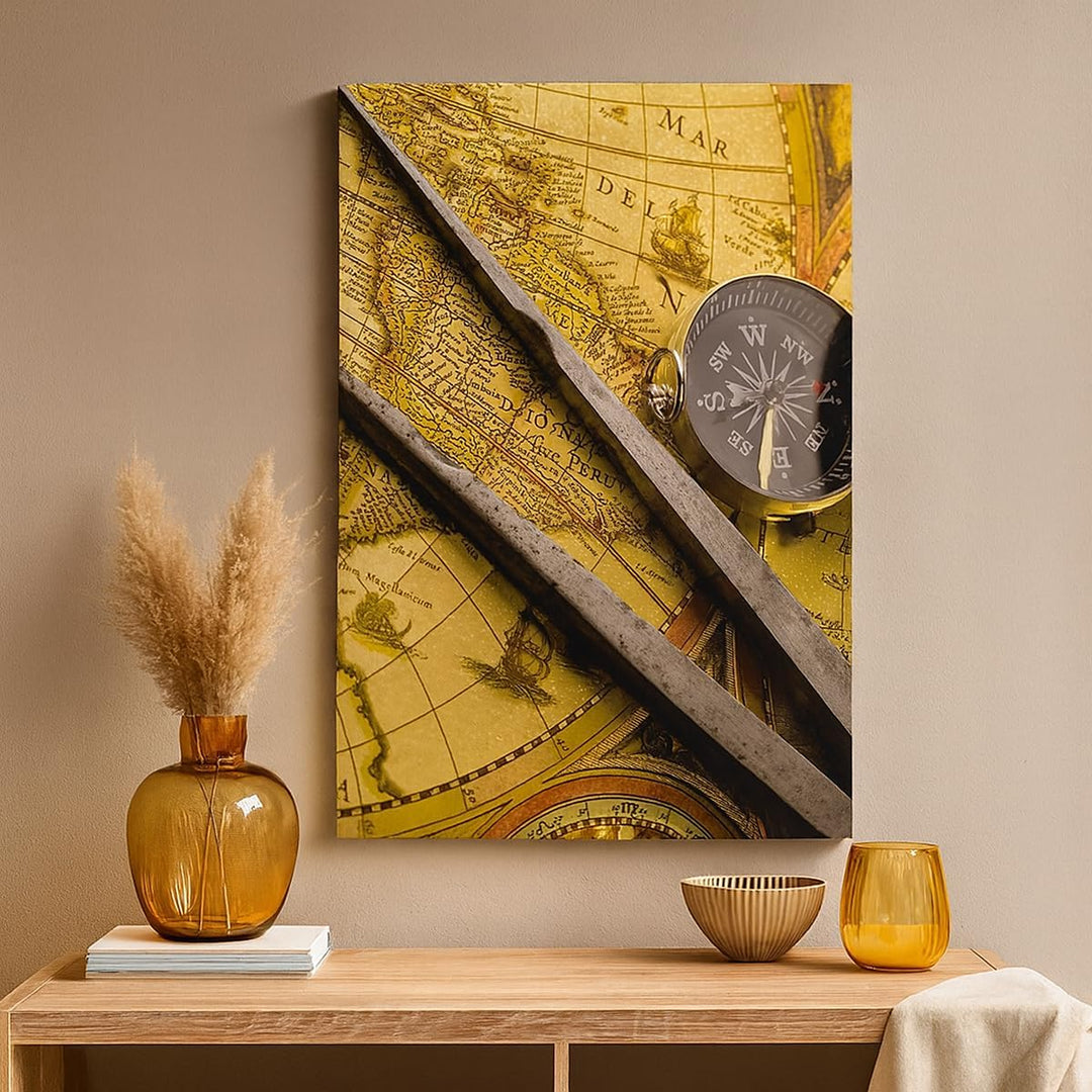 Bilder auf Leinwand 55x100cm Leinwandbild mit Rahmen Kompass Abenteuer Reisen Gross Wanddeko Bild Sc