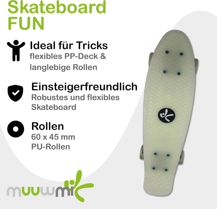 Muuwmi Skateboard Fun - Board Deck 57x15cm - ABEC 5 und PU-Rollen 60x45mm durchsichtig, durchsichtig