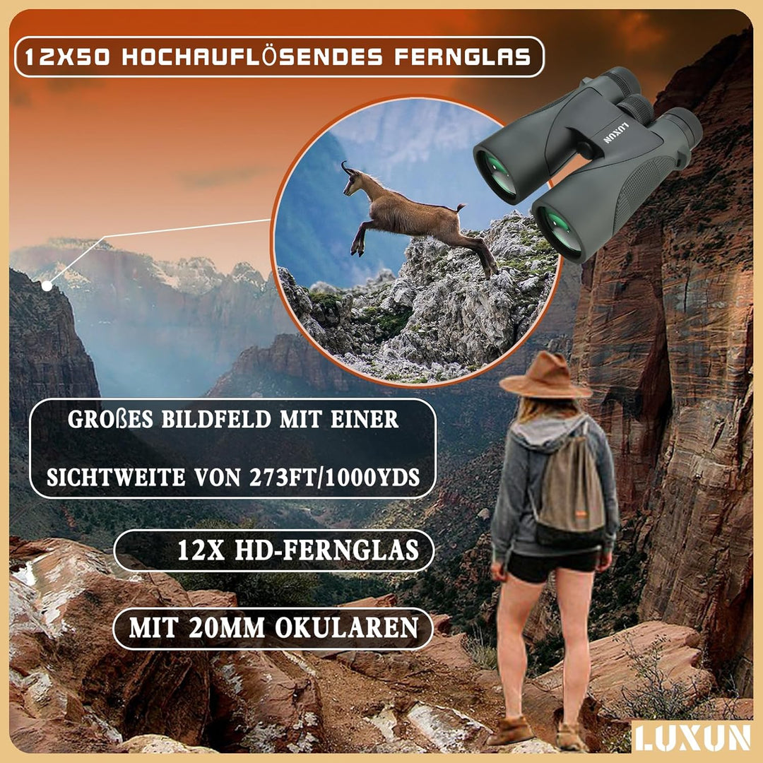 LUXUN 12x50 HD Fernglas für Erwachsene, Fernglas mit Smartphone Adapter Tragetasche, 20mm grosses Ok