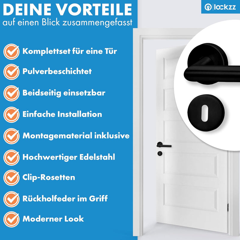 lockzz Türgriff Drückergarnitur Würzburg-II, Edelstahl schwarz matt, Türbeschlag für Zimmertüren, Ru