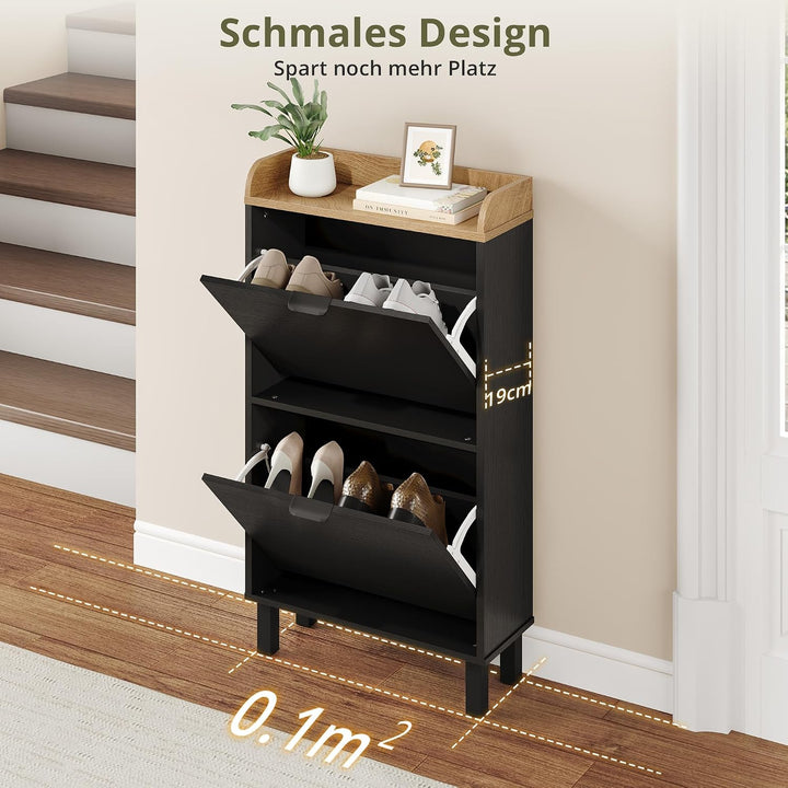 LUE BONA Schuhschrank schmal, Schuhschrank mit 2 Flip-Klappen, Schuhkipper mit Holzfüssen, Schuhrega