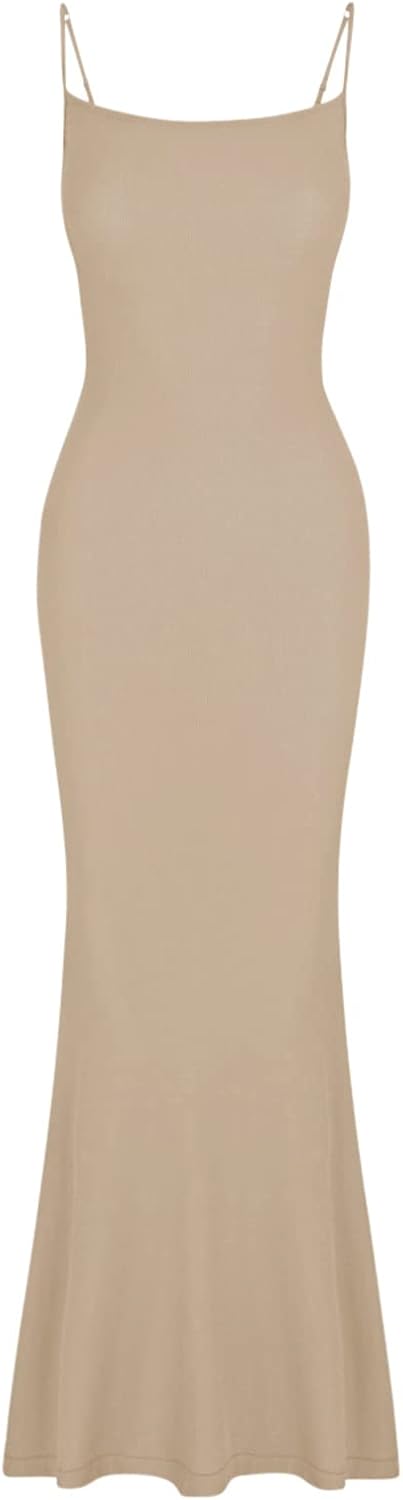 REORIA Damen Sexy Lounge Slip Langes Kleid Elegantes Hochzeitsgast ärmelloses rückenfreies Geripptes