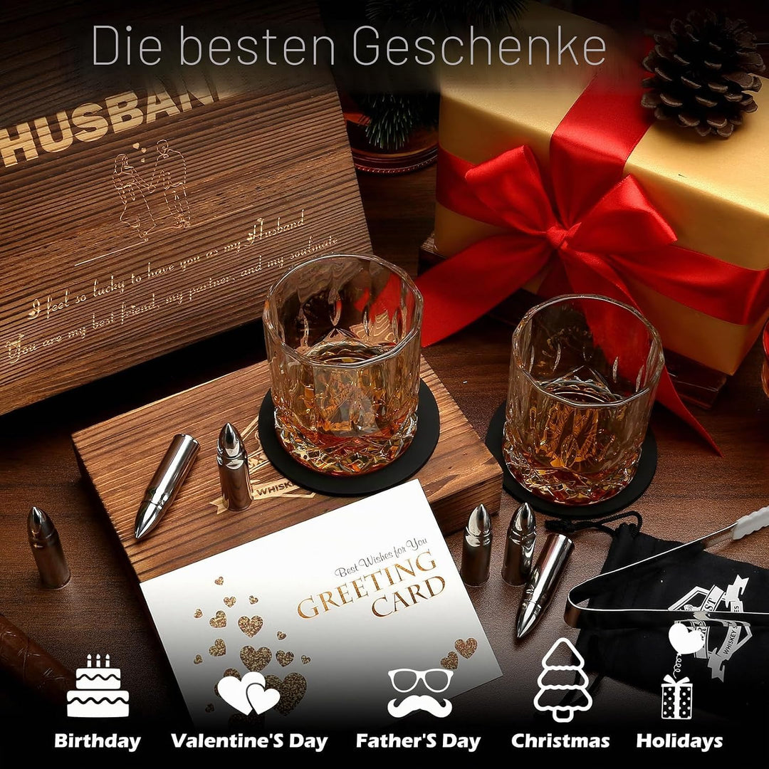 Whisky Gläser Set Ehemann- Whiskey Zubehör Set - 6 Whisky Steine - 2 Gläser, Zange & 2 Untersetzer 1