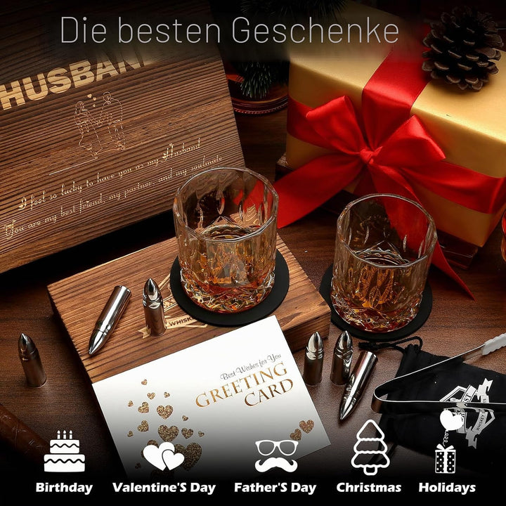 Whisky Gläser Set Ehemann- Whiskey Zubehör Set - 6 Whisky Steine - 2 Gläser, Zange & 2 Untersetzer 1