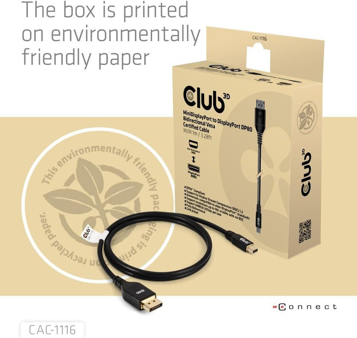 Club3D CAC-1116 MiniDisplayPort to DisplayPort DP80 Bidirectional Vesa Certified Cable 1m/ 3.28 ft,