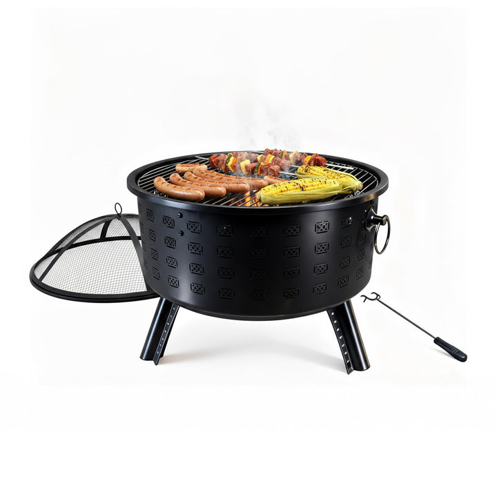 Relaxdays Feuerschale, HxØ 62 x 66 cm, mit Grillrost, Funkenschutz & Schürhaken, Feuerstelle Garten,