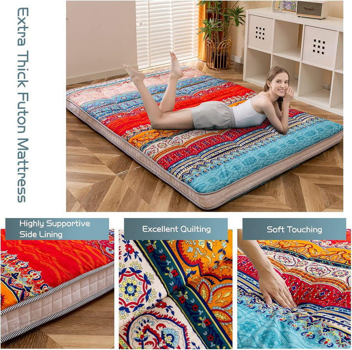 MAXYOYO Böhmische Retro Futon Matratze - Vintage Blumenmuster japanische Bodenmatratze - rollbar ver