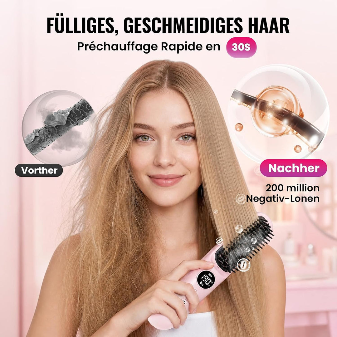 Stylingbürste für Kurze Haar, Kabellos Haarglätter Bürste, 10000mAh | Glättbürste Kabellos mit 10 Te