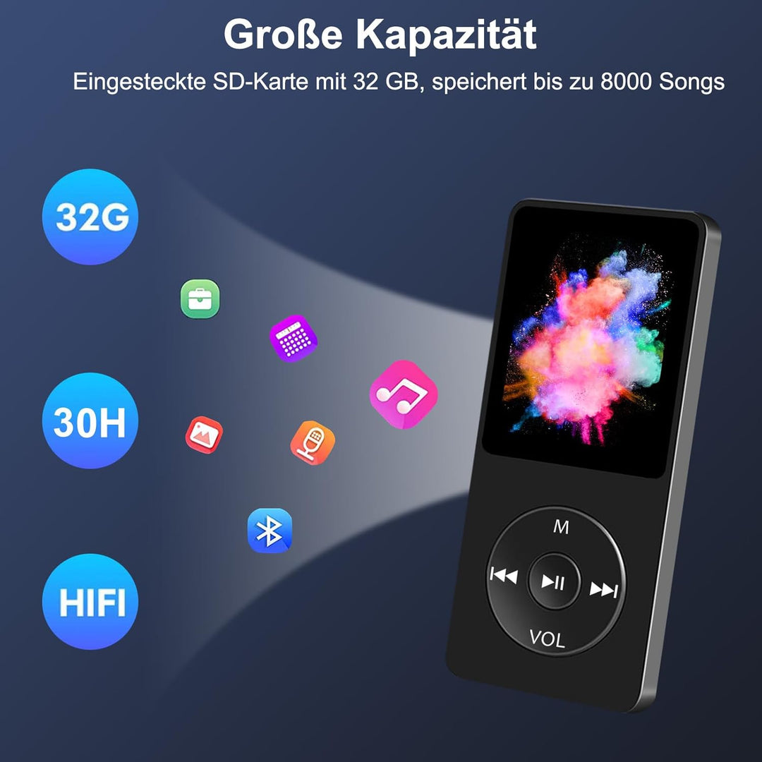 32GB MP3 Player Bluetooth mit 1.8" TFT Farbbildschirm mit Kopfhörer, HiFi Musik Player Kinder mit La