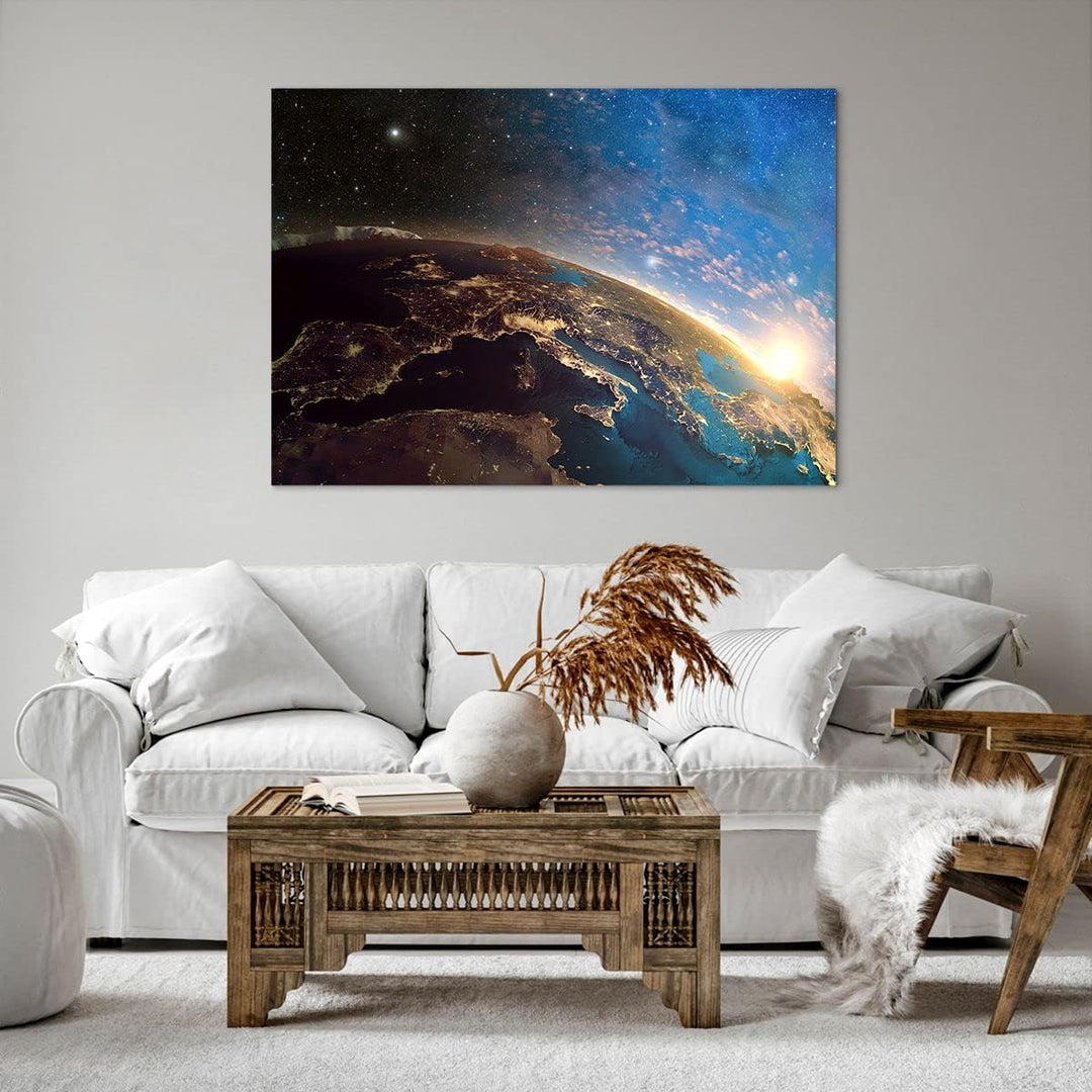 ARTTOR Bilder auf Leinwand 100x70cm Leinwandbild mit Rahmen Kosmos Erde Gross Wanddeko Bild Schlafzi